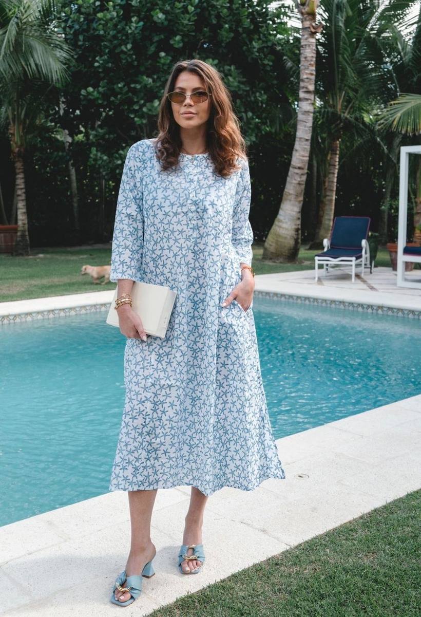 Full-length printed kaftan by the pool